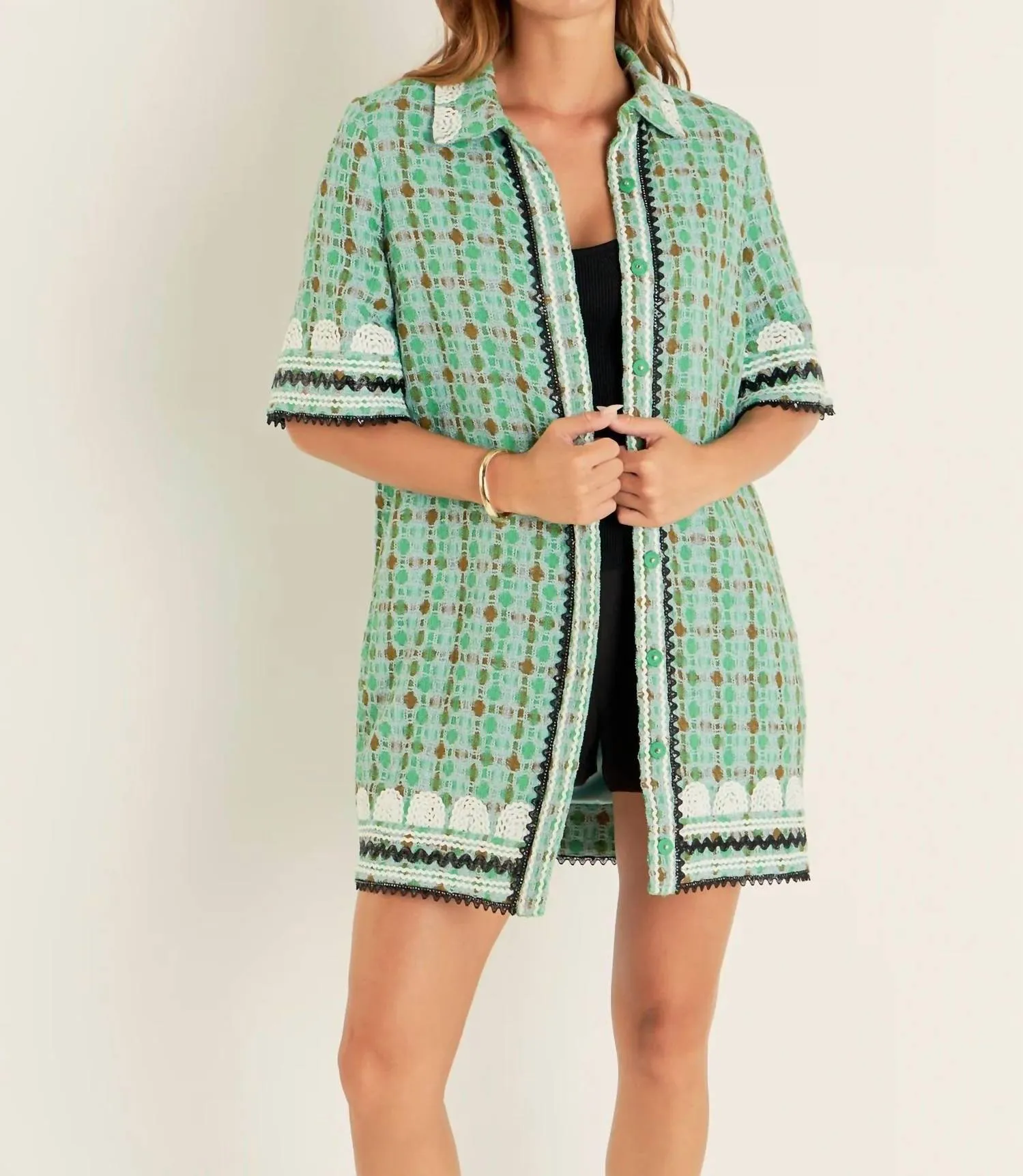2.7 August Apparel - Boucle Mini Shirt Dress With Ric Rac Trim