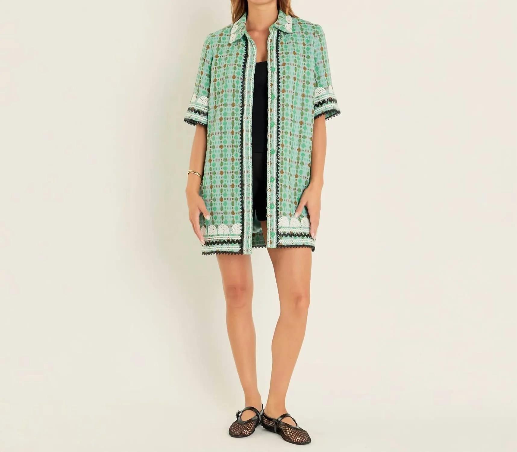 2.7 August Apparel - Boucle Mini Shirt Dress With Ric Rac Trim