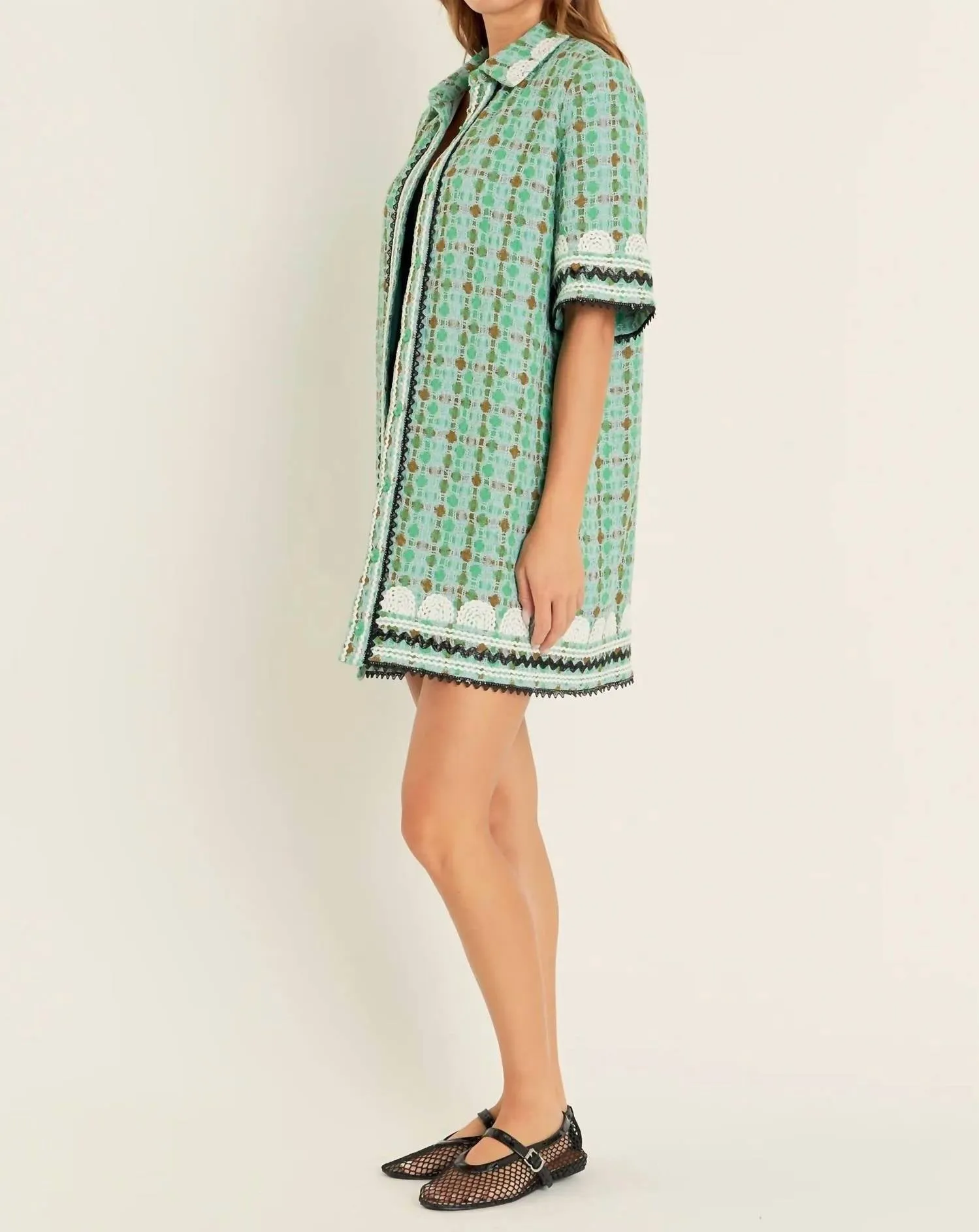 2.7 August Apparel - Boucle Mini Shirt Dress With Ric Rac Trim