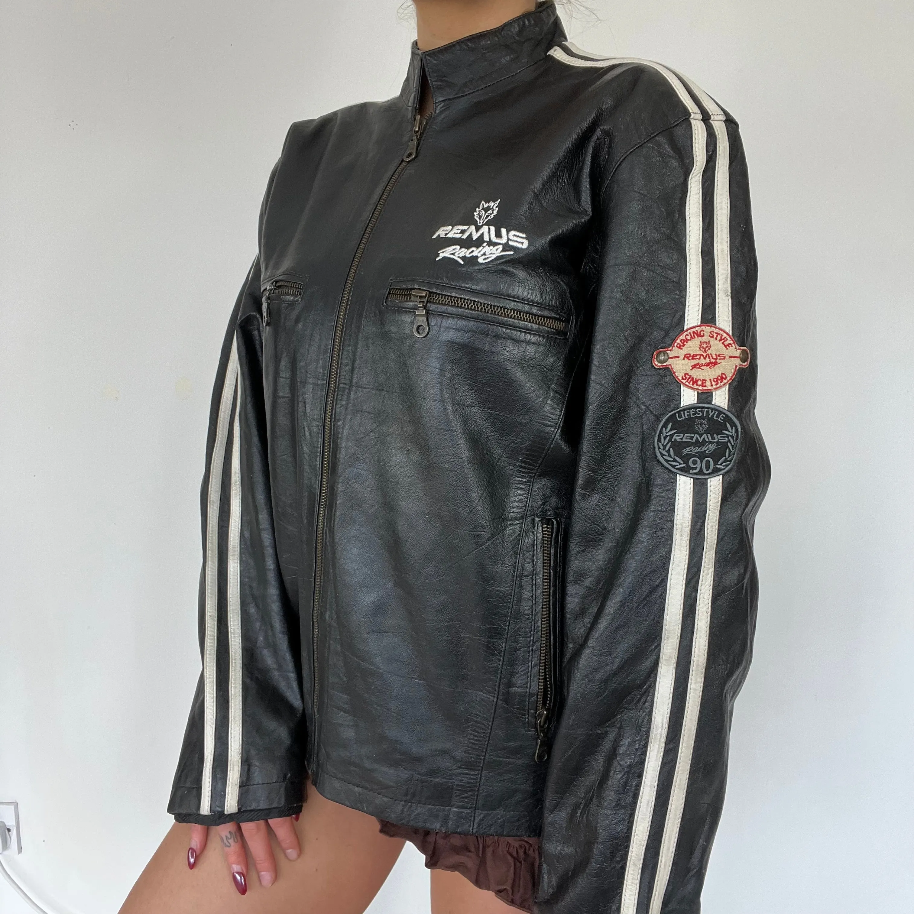 90s biker motorcycle leather jacket - Size L