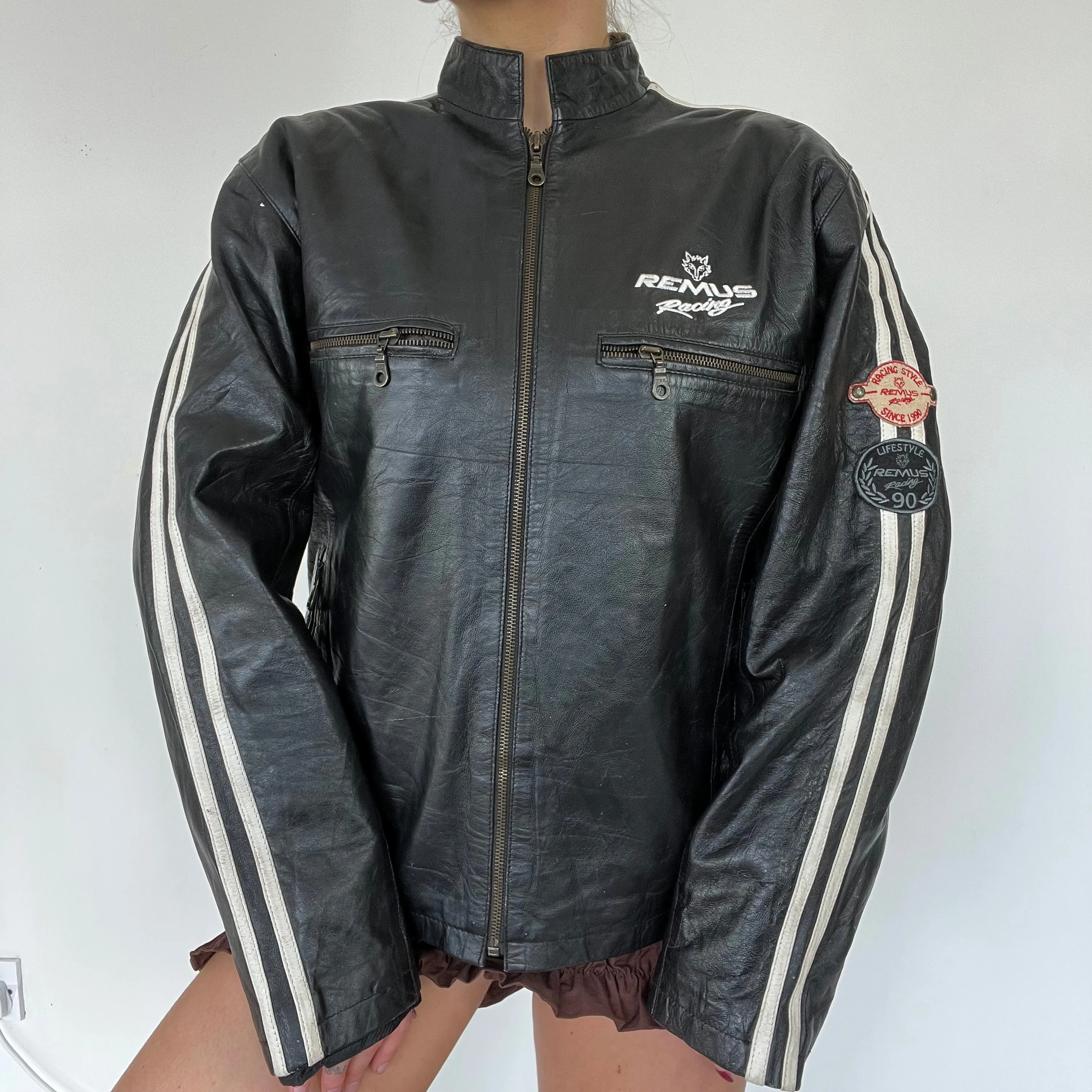 90s biker motorcycle leather jacket - Size L