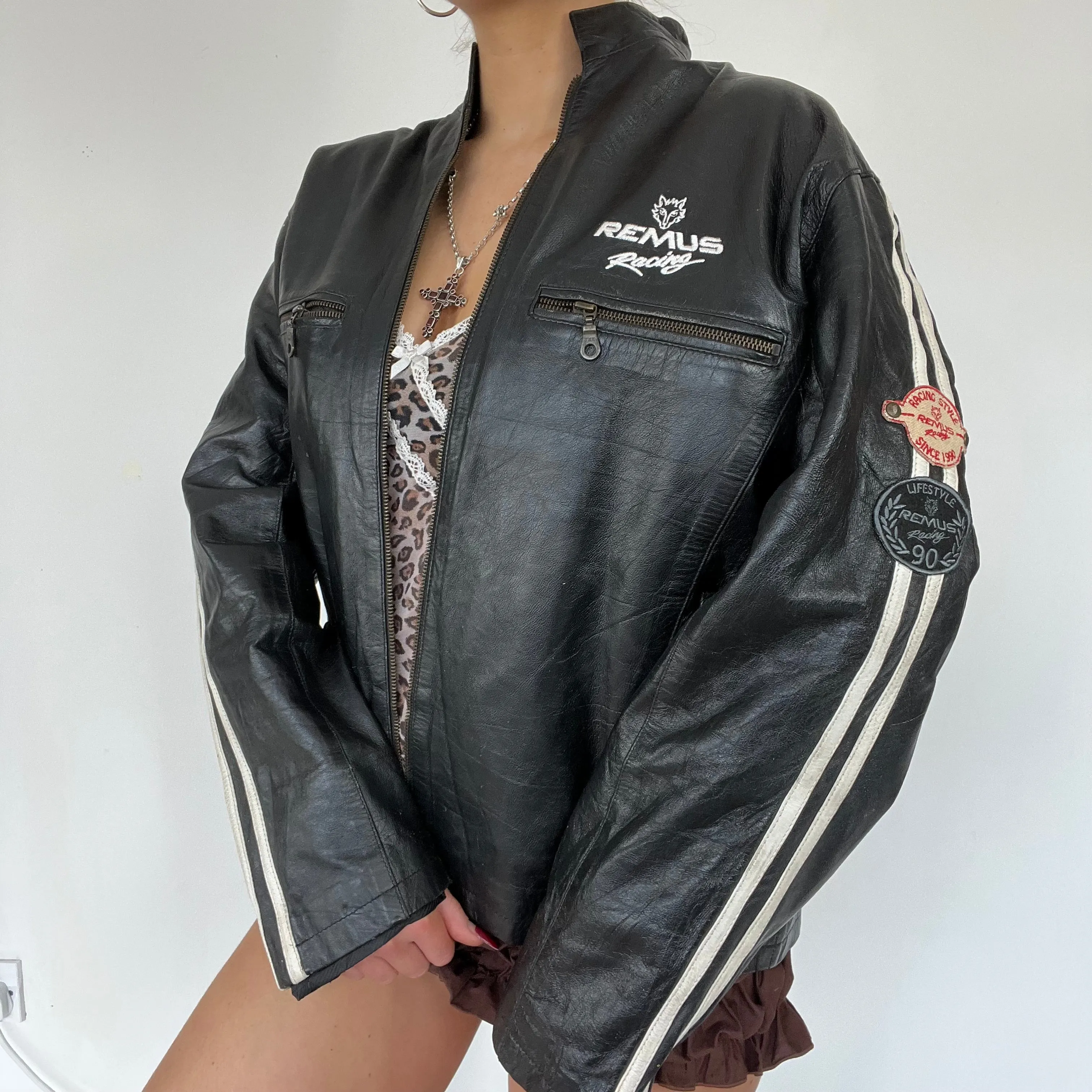 90s biker motorcycle leather jacket - Size L