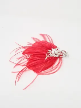 Amelia Red Crystal & Pearl Feather Hair Clip