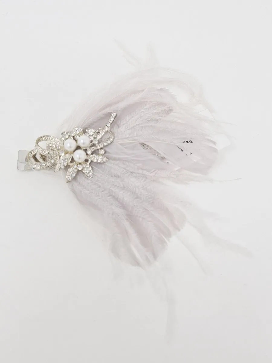 Amelia Silver Crystal & Pearl Feather Hair Clip