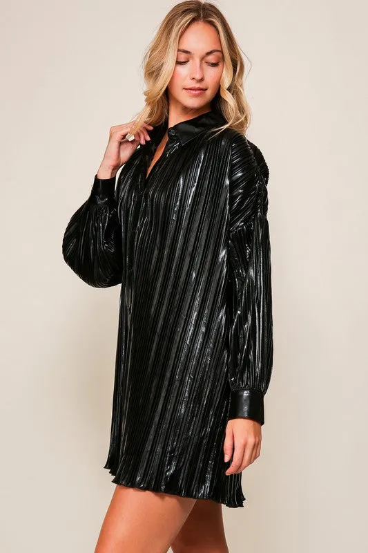 Black Long Foil Pleated Knit Button Down Shirt Dress