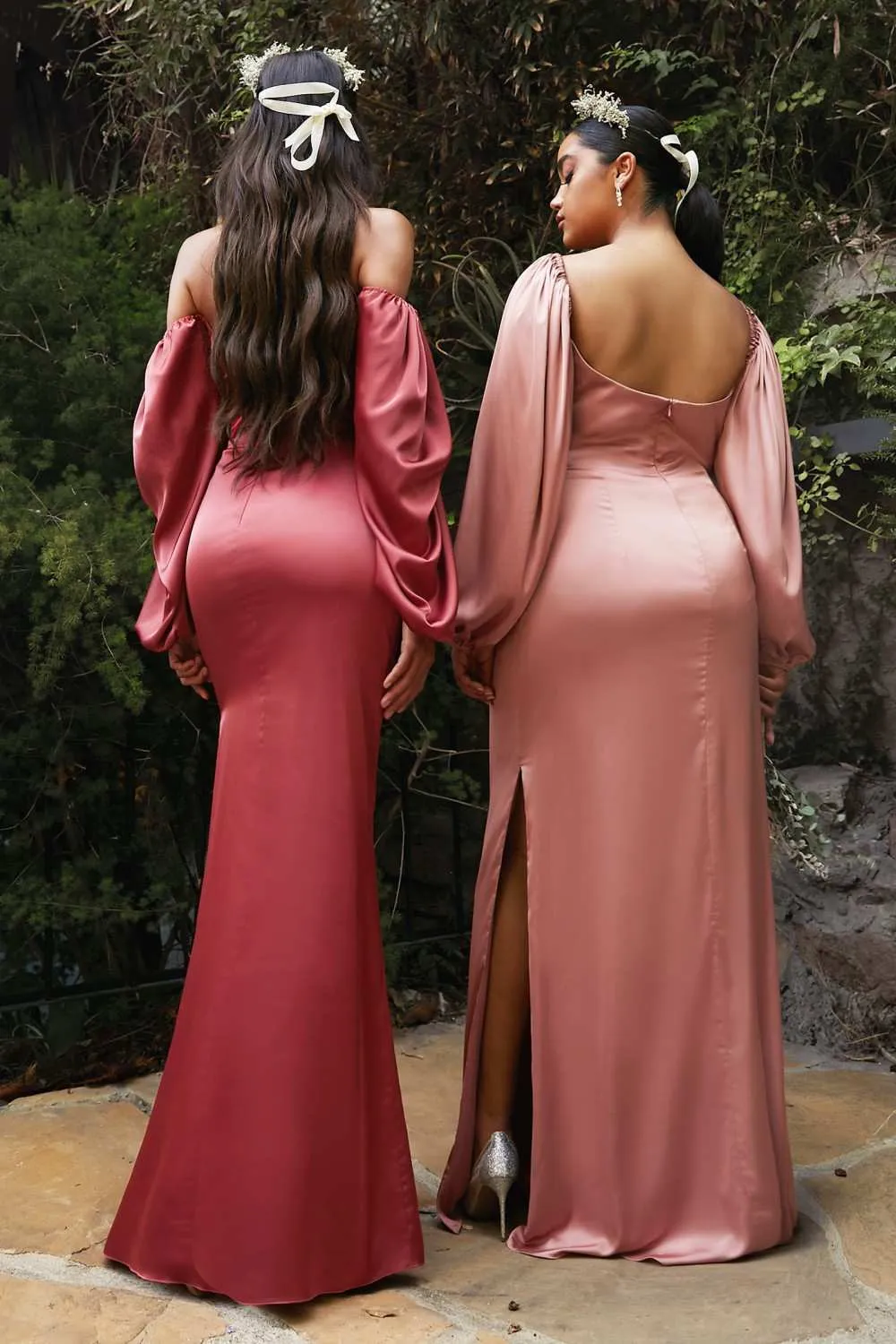 Cinderella Divine 7482 Long Sleeve Off the Shoulder Soft Satin Fitted Dress