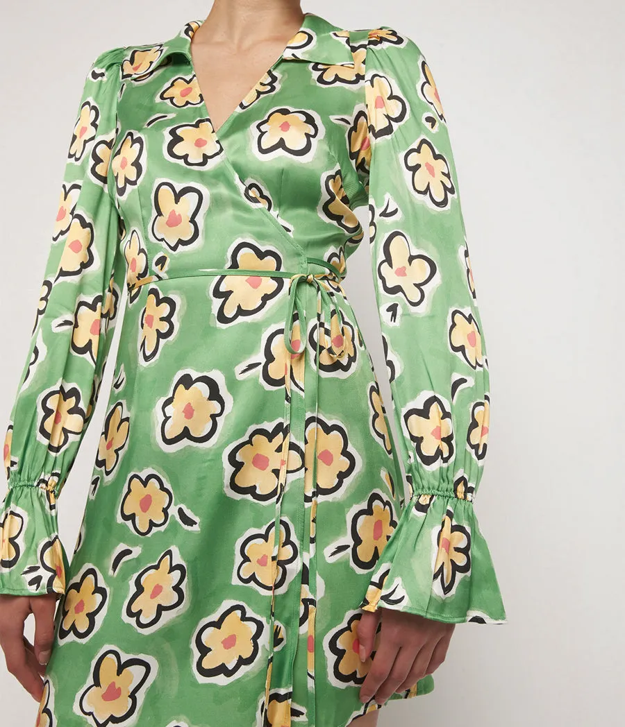 Diane Wrap Mini Dress in Green Painted Floral