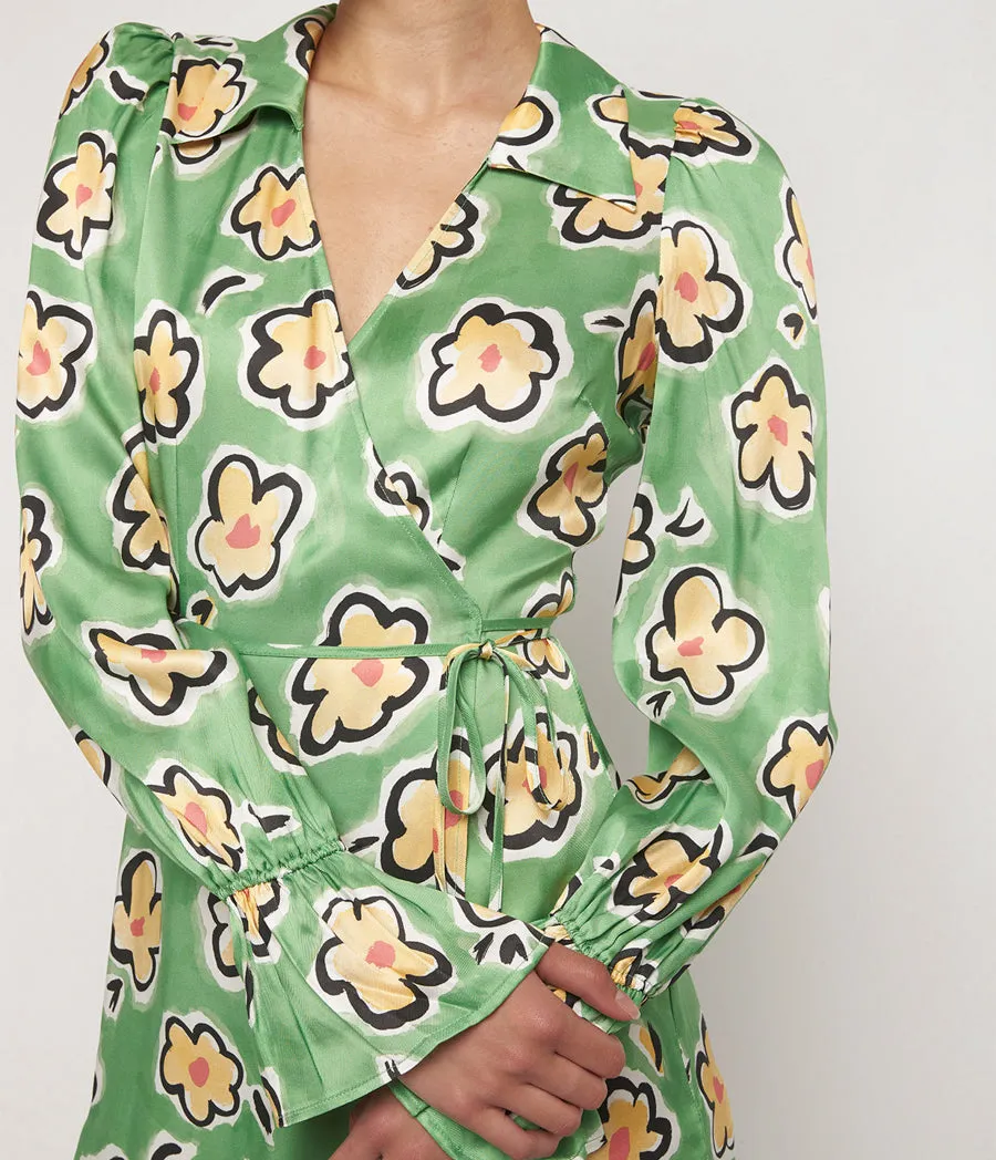 Diane Wrap Mini Dress in Green Painted Floral