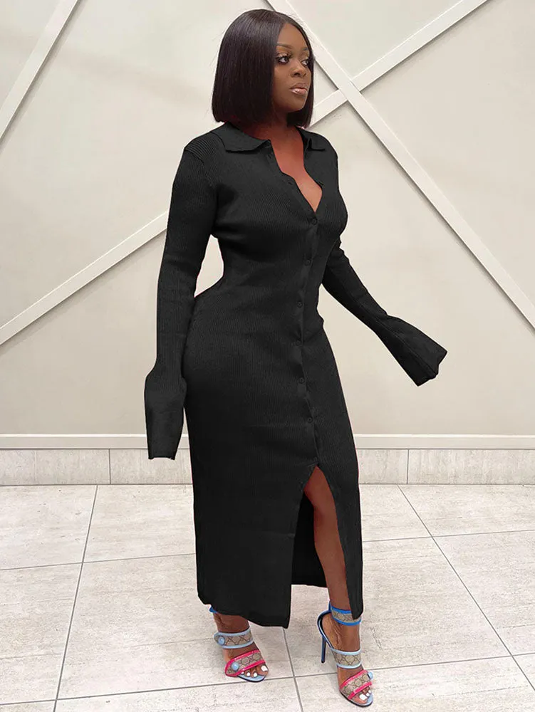 Flare Long Sleeve Shirt Maxi Dresses
