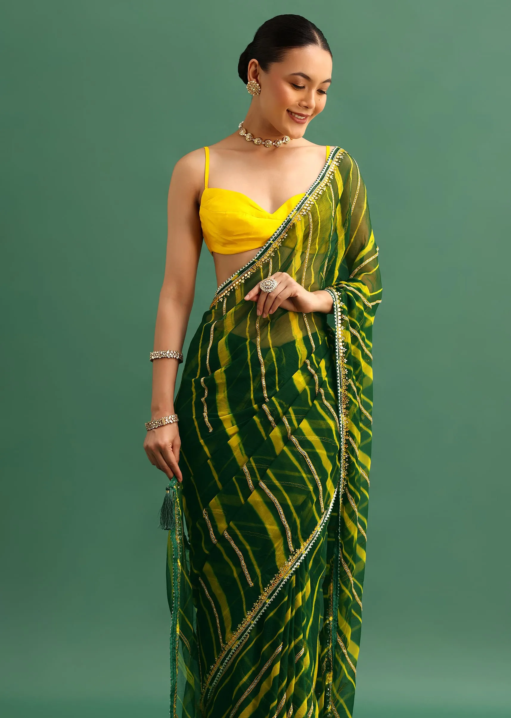 Green Chiffon Leheriya Saree With Kundan Embroidered Border And Unstitched Blouse