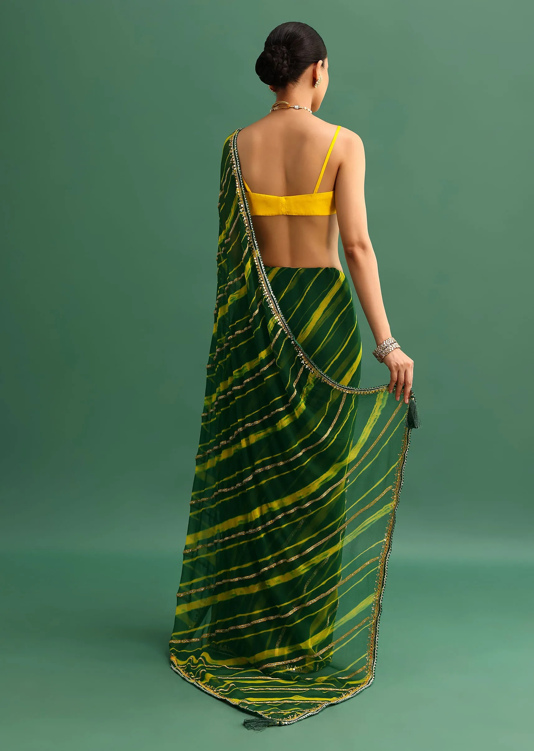 Green Chiffon Leheriya Saree With Kundan Embroidered Border And Unstitched Blouse