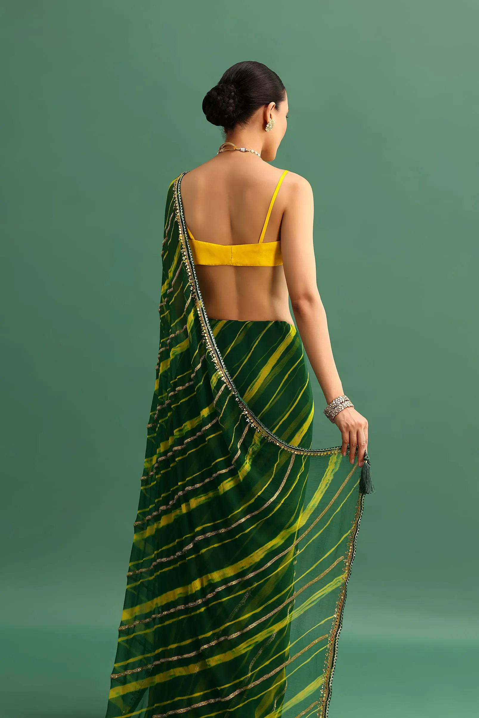 Green Chiffon Leheriya Saree With Kundan Embroidered Border And Unstitched Blouse