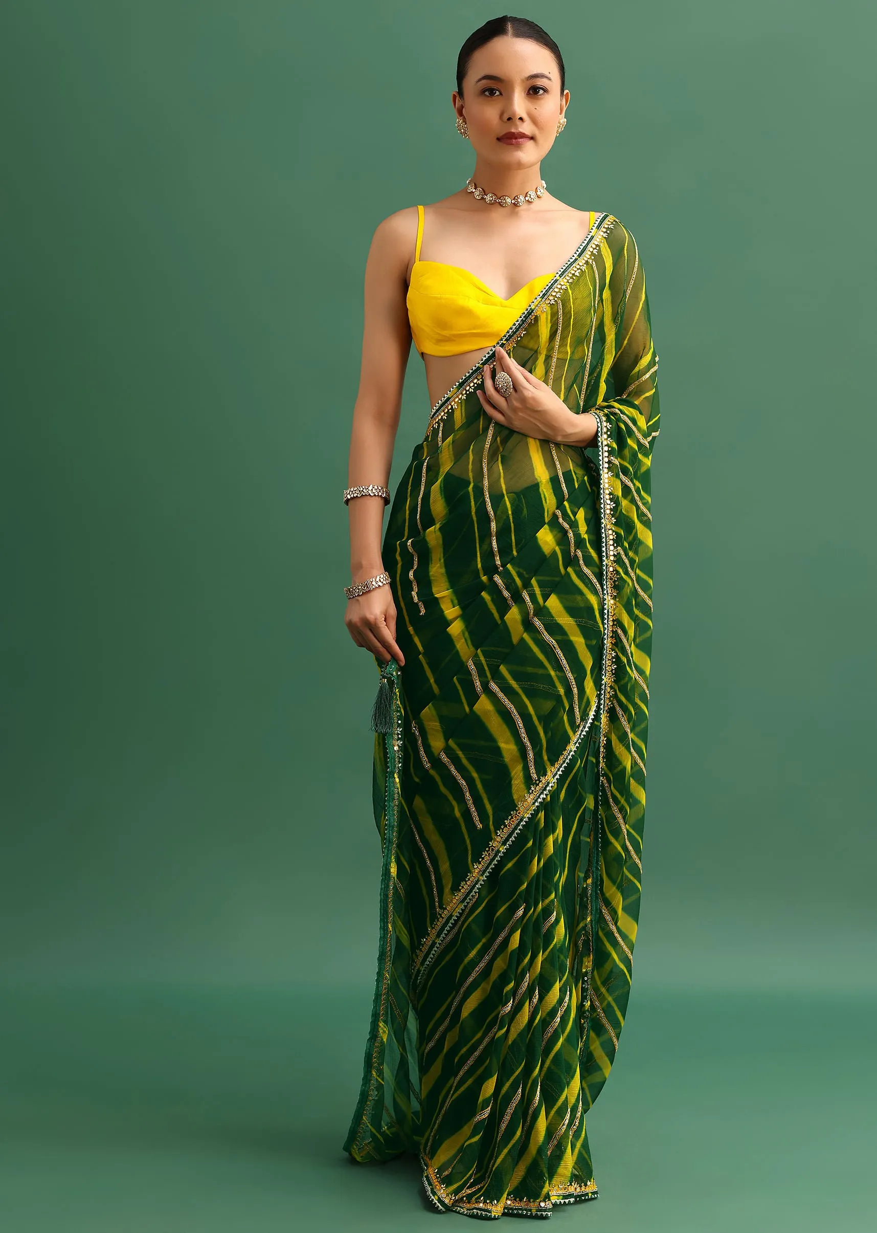 Green Chiffon Leheriya Saree With Kundan Embroidered Border And Unstitched Blouse