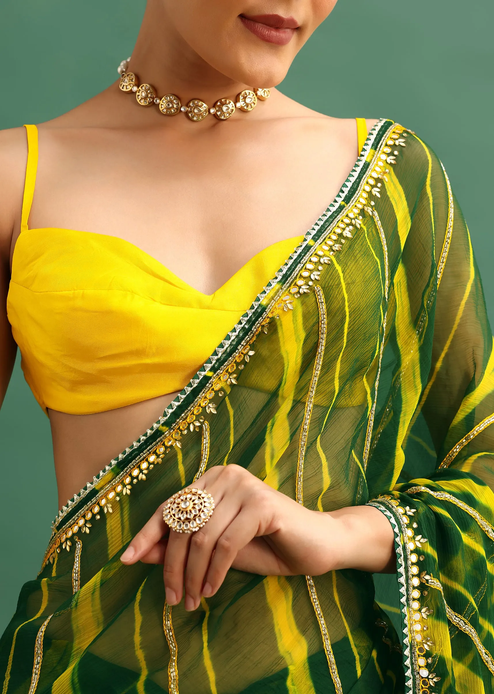 Green Chiffon Leheriya Saree With Kundan Embroidered Border And Unstitched Blouse