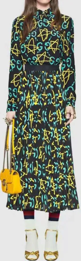 Logo Printed Pleated Dress