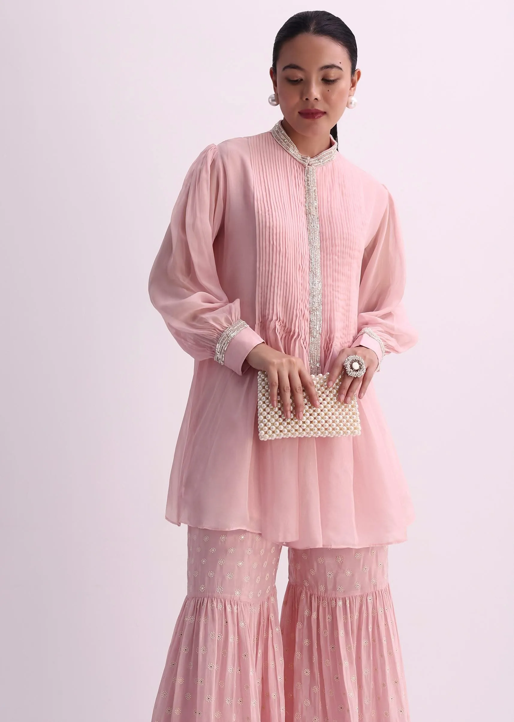 Pastel Pink Sequins And Moti Embroidered Sharara Set
