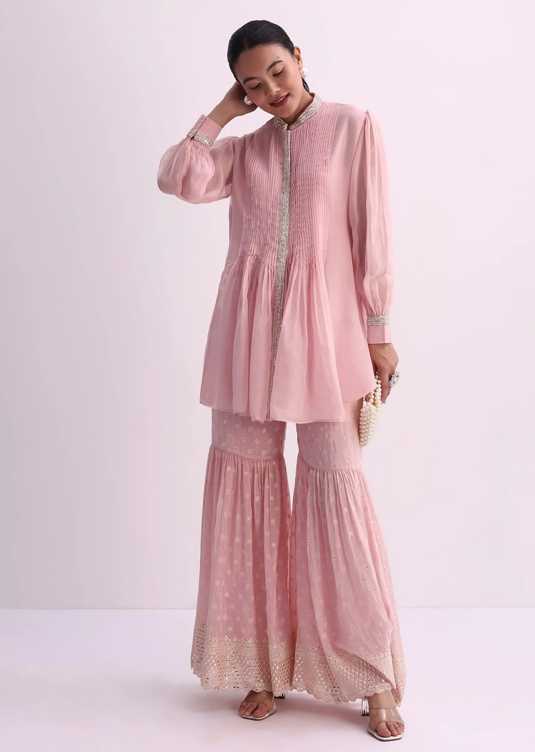 Pastel Pink Sequins And Moti Embroidered Sharara Set