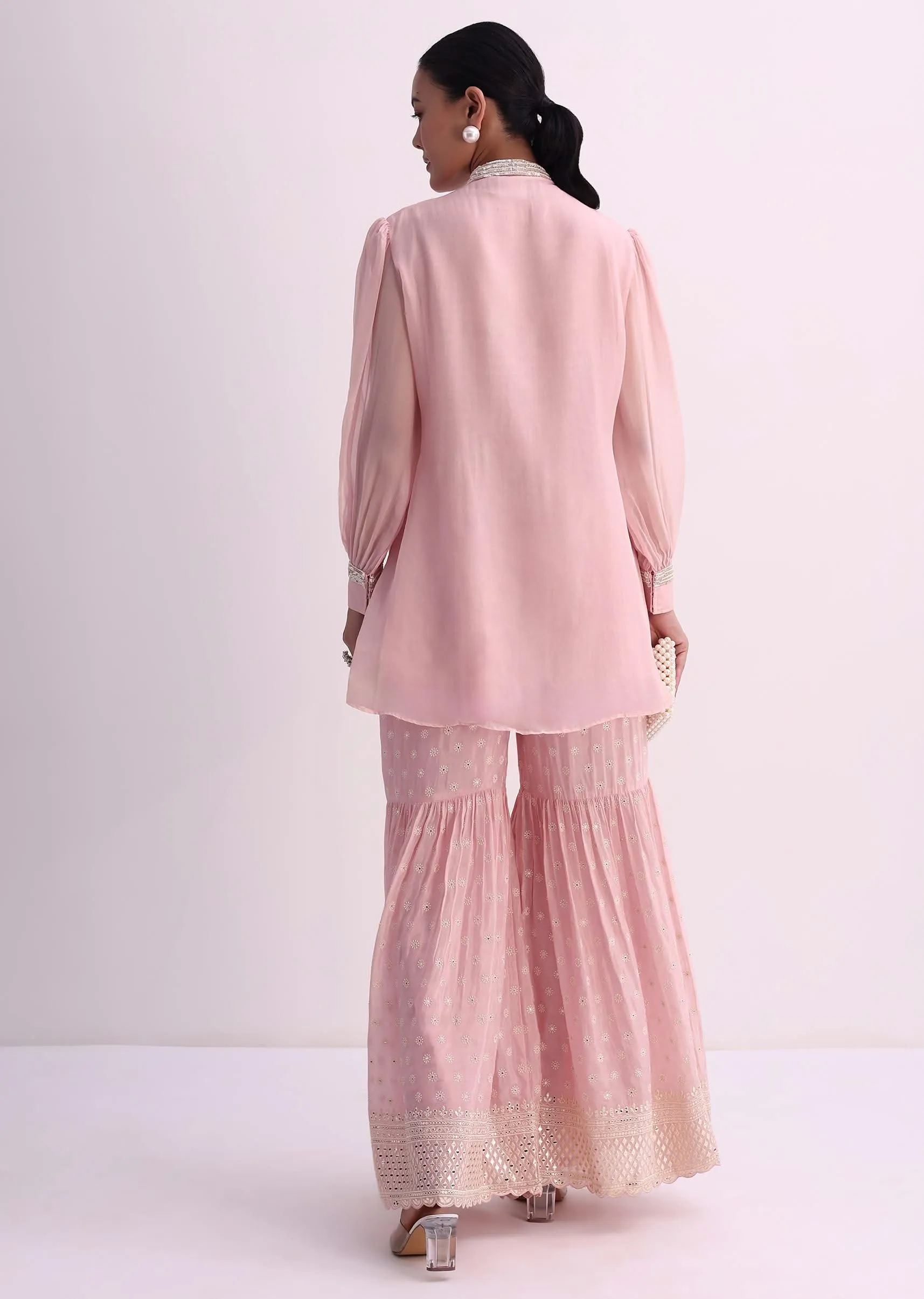 Pastel Pink Sequins And Moti Embroidered Sharara Set