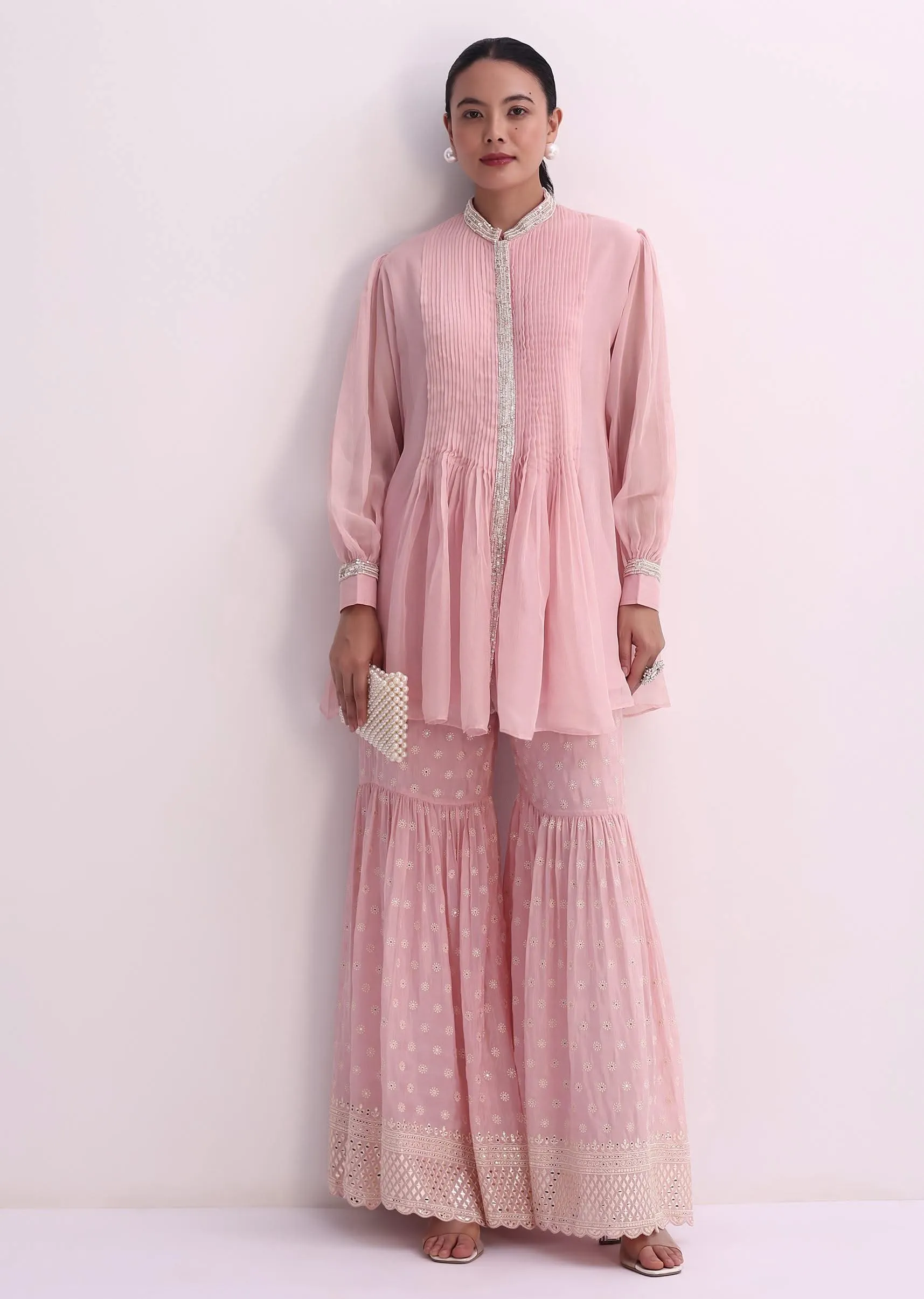 Pastel Pink Sequins And Moti Embroidered Sharara Set