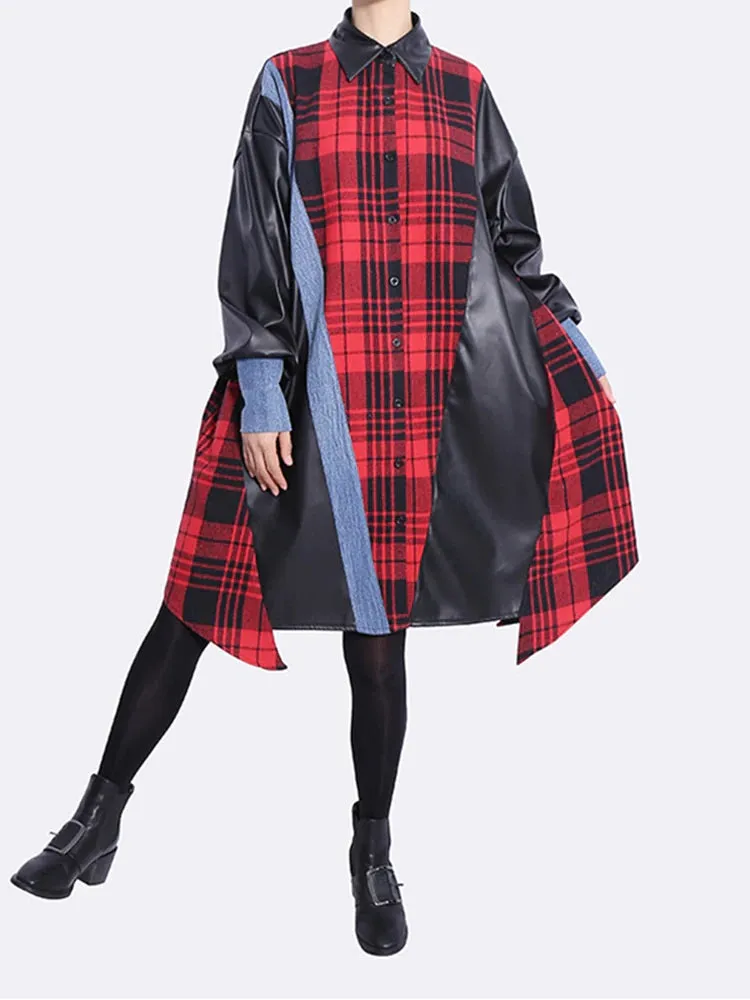 Plaid Leather Long Sleeve Shirt Dress with A-line Fit in Red