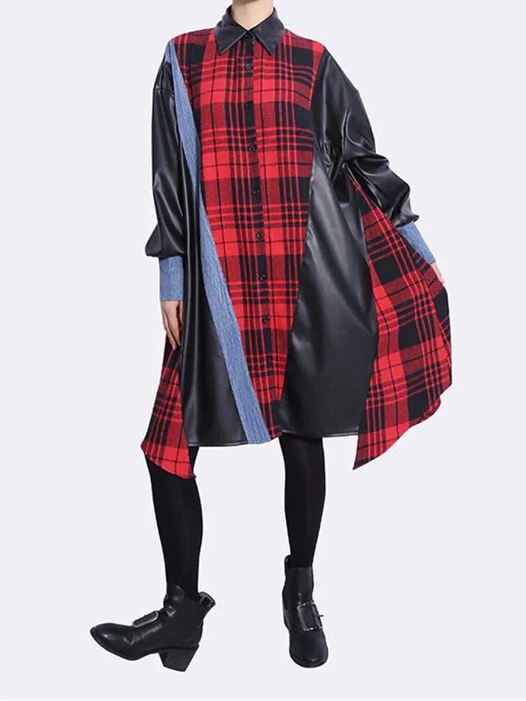 Plaid Leather Long Sleeve Shirt Dress with A-line Fit in Red