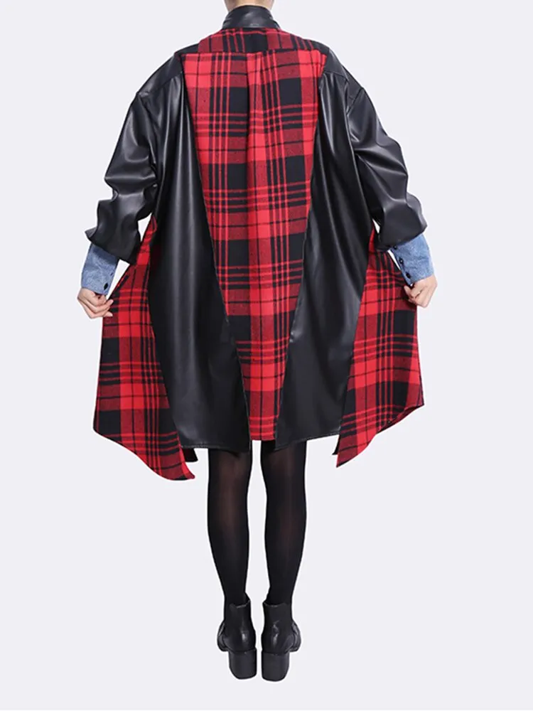 Plaid Leather Long Sleeve Shirt Dress with A-line Fit in Red