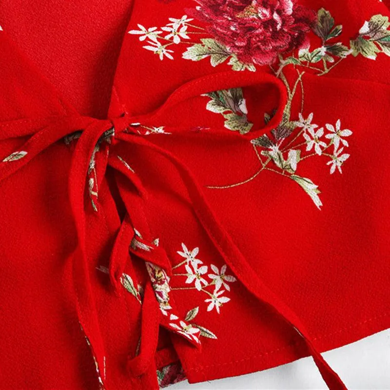 RED FLORAL FLARE SLEEVE LACE-UP SHORTS SET