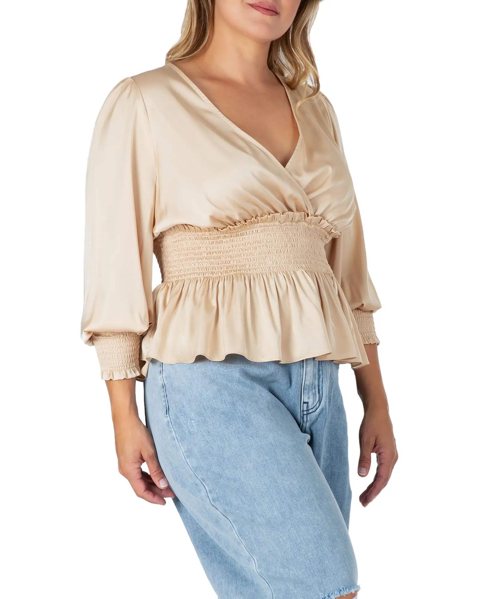 Women's Satin V-Neck Long Sleeves Blouse | CHAMPAGNE