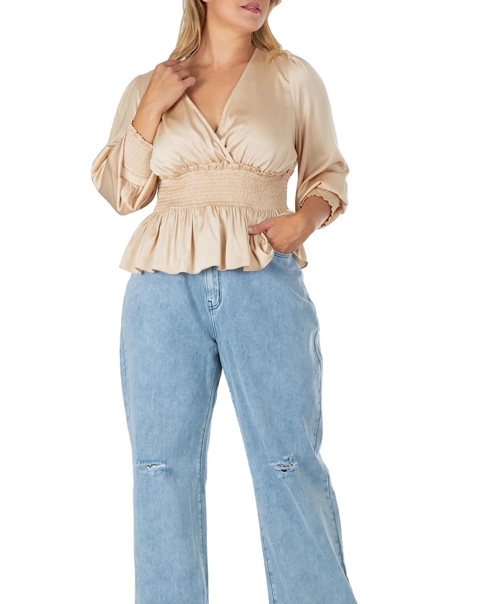 Women's Satin V-Neck Long Sleeves Blouse | CHAMPAGNE